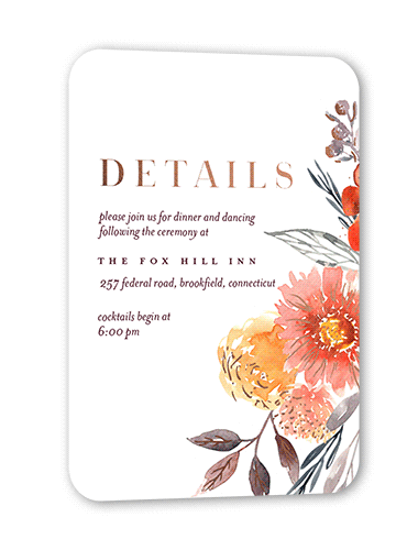 Blooming Nuptials Wedding Enclosure Card, Purple, Rose Gold Foil, Pearl Shimmer Cardstock, Rounded
