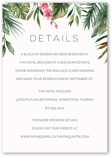 Tropical Herald Wedding Enclosure Card, Pink, Matte, Pearl Shimmer Cardstock, Square