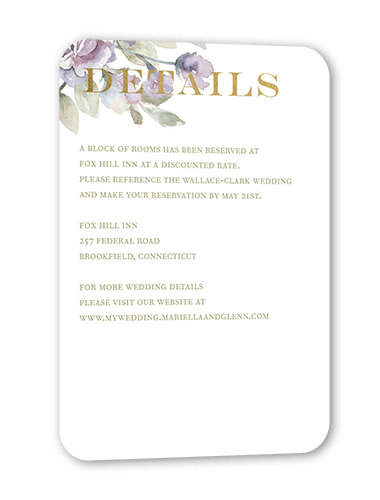Diamond Blossoms Wedding Enclosure Card, Gold Foil, Purple, Pearl Shimmer Cardstock, Rounded