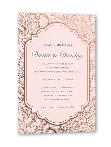 Ornate Petals Wedding Enclosure Card, Rose Gold Foil, Pink, Matte, Pearl Shimmer Cardstock, Square, Magnolia