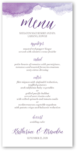 Simply Watercolor Wedding Menu, Purple, 4x8 Menu, Pearl Shimmer Cardstock, Square