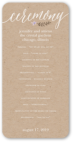 Delightful Blooms Wedding Program, Purple, 4x8 Flat Program, 100% Recycled Cardstock , Rounded