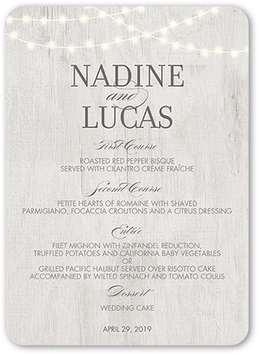 Romantic Evening Wedding Menu, Grey, 5x7 Flat Menu, Pearl Shimmer Cardstock, Rounded