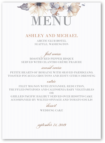 Watercolor Bouquet Wedding Menu, Beige, 5x7 Flat Menu, Pearl Shimmer Cardstock, Square