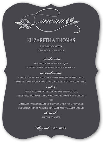 Classic Herald Wedding Menu, Grey, 5x7 Flat Menu, Pearl Shimmer Cardstock, Bracket