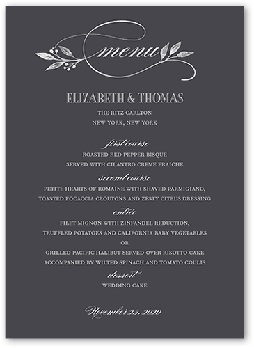 Classic Herald Wedding Menu, Grey, 5x7 Flat Menu, Pearl Shimmer Cardstock, Square, Flint