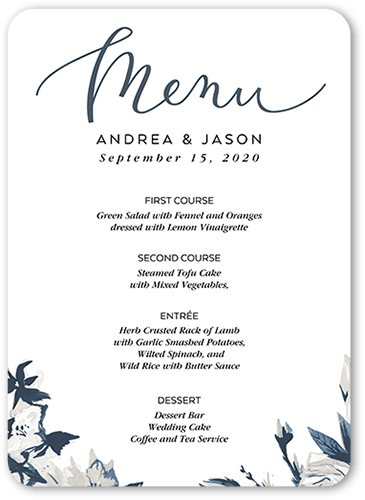 Crisp Petals Wedding Menu, Grey, 5x7 Flat Menu, Pearl Shimmer Cardstock, Rounded, Slate