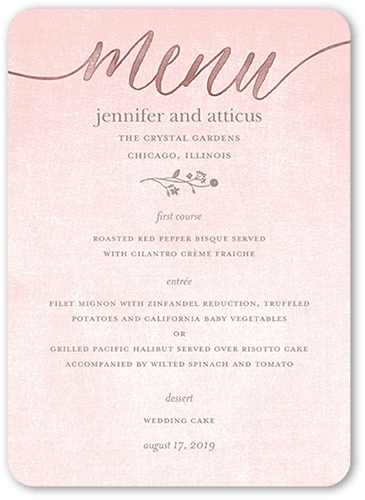 Delightful Blooms Wedding Menu, Pink, 5x7 Flat Menu, Pearl Shimmer Cardstock, Rounded, Bubblegum