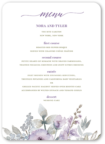 Diamond Blossoms Wedding Menu, Purple, 5x7 Flat Menu, Standard Smooth Cardstock, Rounded