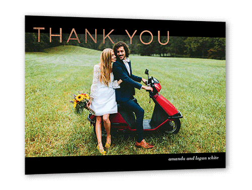 Flourishing Thanks Thank You Card, Black, Rose Gold Foil, 5x7 Flat, Pearl Shimmer Cardstock, Square, Black