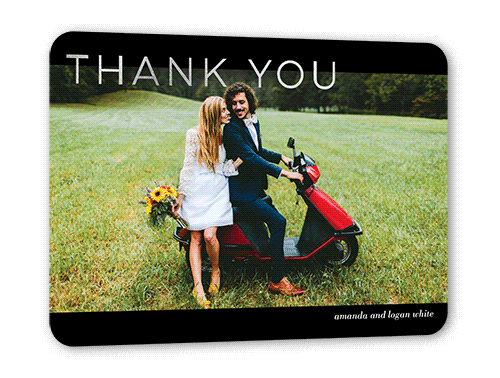 Flourishing Thanks Thank You Card, Black, Silver Foil, 5x7 Flat, Pearl Shimmer Cardstock, Rounded, Black