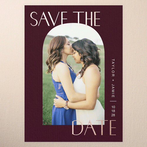 Arch Frame Save The Date, Rose Gold Foil, Red, 5x7 Flat, Pearl Shimmer Cardstock, Square, Rich Burgundy