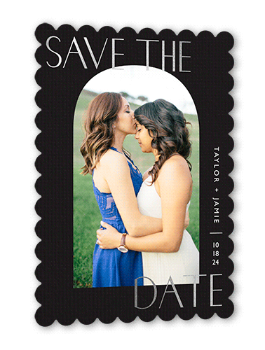 Arch Frame Save The Date, Black, Silver Foil, 5x7, Pearl Shimmer Cardstock, Scallop