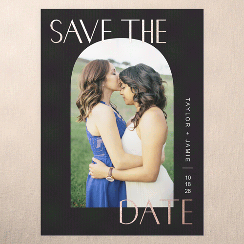 Arch Frame Save The Date, Black, Rose Gold Foil, 5x7 Flat, Pearl Shimmer Cardstock, Square, Silhouette