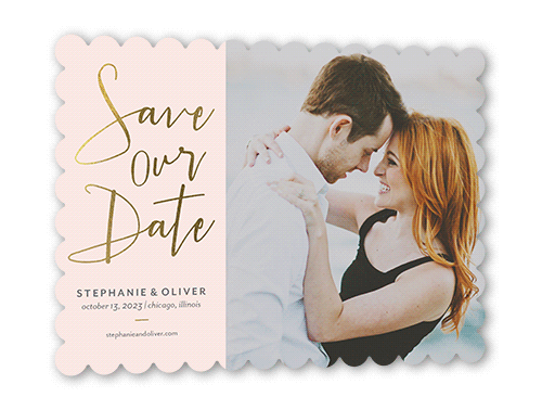 Shining Date Save The Date, Pink, Gold Foil, 5x7 Flat, Signature Smooth Cardstock, Scallop