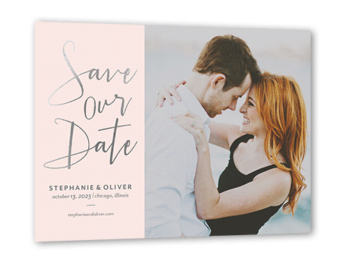 Shining Date Save The Date, Pink, Silver Foil, 5x7 Flat, Pearl Shimmer Cardstock, Square, White