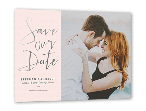 Shining Date Save The Date, Pink, Silver Foil, 5x7 Flat, Luxe Double-Thick Cardstock, Square, Chenille