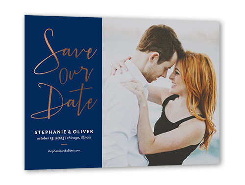 Shining Date Save The Date, Blue, Rose Gold Foil, 5x7 Flat, Pearl Shimmer Cardstock, Square