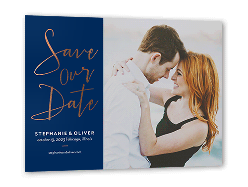 Shining Date Save The Date, Blue, Rose Gold Foil, 5x7 Flat, Luxe Double-Thick Cardstock, Square, Navy