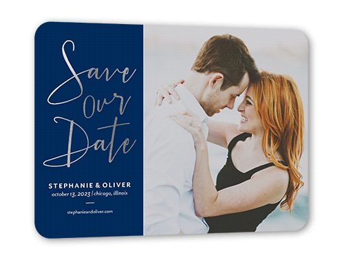 Shining Date Save The Date, Silver Foil, Blue, 5x7 Flat, Pearl Shimmer Cardstock, Rounded