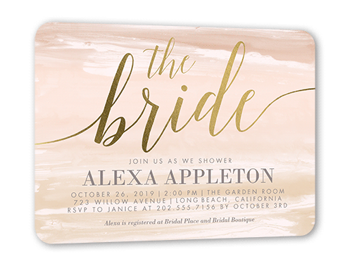 Watercolor Bride Bridal Shower Invitation, Gold Foil, Beige, 5x7 Flat, Matte, Signature Smooth Cardstock, Rounded