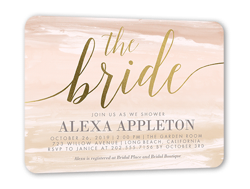 Watercolor Bride Bridal Shower Invitation, Gold Foil, Beige, 5x7 Flat, Pearl Shimmer Cardstock, Rounded
