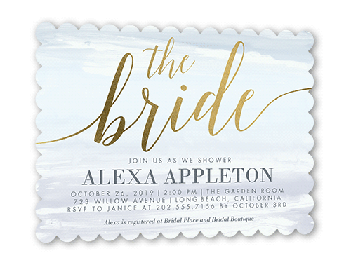Watercolor Bride Bridal Shower Invitation, Gold Foil, Blue, 5x7 Flat, Pearl Shimmer Cardstock, Scallop