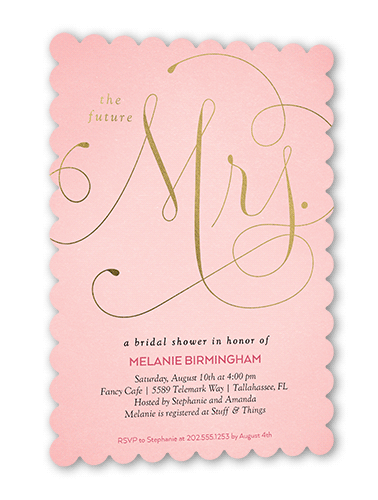 Simply Mrs Bridal Shower Invitation, Pink, Gold Foil, 5x7, Pearl Shimmer Cardstock, Scallop