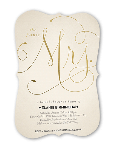 Simply Mrs Bridal Shower Invitation, Beige, Gold Foil, 5x7 Flat, Pearl Shimmer Cardstock, Bracket