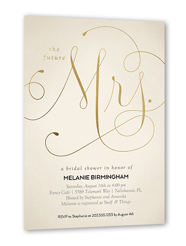 Simply Mrs Bridal Shower Invitation, Beige, Gold Foil, 5x7 Flat, Pearl Shimmer Cardstock, Square, Nude