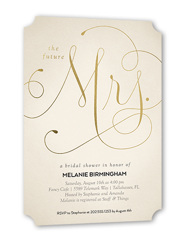 Simply Mrs Bridal Shower Invitation, Beige, Gold Foil, 5x7 Flat, Pearl Shimmer Cardstock, Ticket