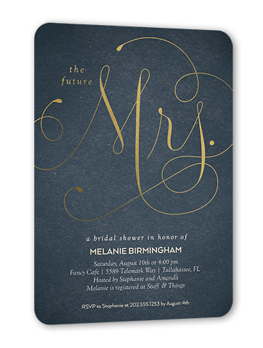 Simply Mrs Bridal Shower Invitation, Gold Foil, Grey, 5x7 Flat, Pearl Shimmer Cardstock, Rounded, Slate