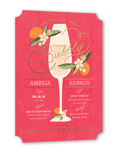 Sweet Nectarine Bridal Shower Invitation, Pink, Gold Foil, 5x7 Flat, Pearl Shimmer Cardstock, Ticket
