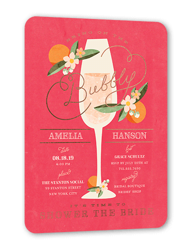 Sweet Nectarine Bridal Shower Invitation, Rose Gold Foil, Pink, 5x7 Flat, Pearl Shimmer Cardstock, Rounded
