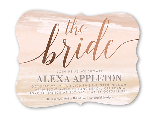 Watercolor Bride Bridal Shower Invitation, Rose Gold Foil, Beige, 5x7, Pearl Shimmer Cardstock, Bracket