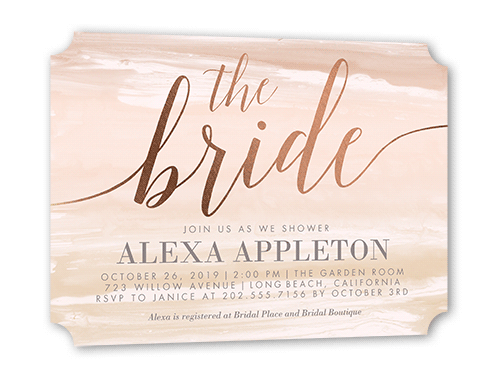 Watercolor Bride Bridal Shower Invitation, Rose Gold Foil, Beige, 5x7 Flat, Pearl Shimmer Cardstock, Ticket