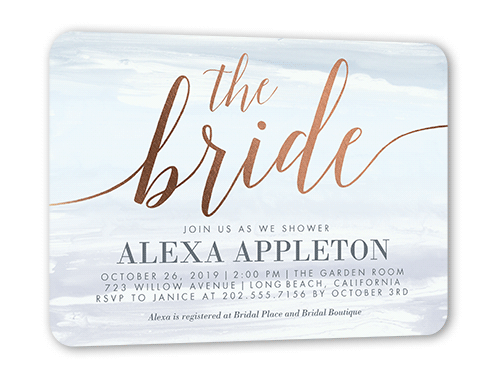 Watercolor Bride Bridal Shower Invitation, Blue, Rose Gold Foil, 5x7, Pearl Shimmer Cardstock, Rounded