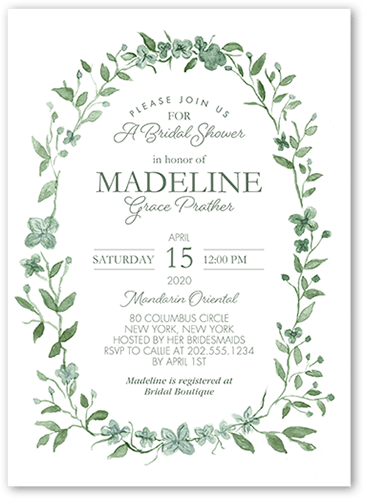 Ethereal Wreath Bridal Shower Invitation, Green, 5x7, Pearl Shimmer Cardstock, Square