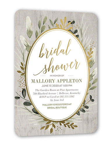 Bountiful Greenery Bridal Shower Invitation, Gold Foil, Grey, 5x7, Matte, Signature Smooth Cardstock, Rounded