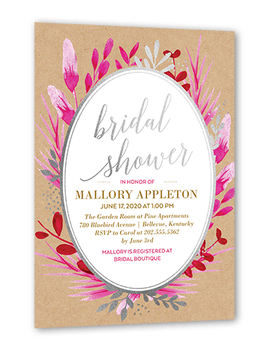 Bountiful Greenery Bridal Shower Invitation, Beige, Silver Foil, 5x7 Flat, Pearl Shimmer Cardstock, Square