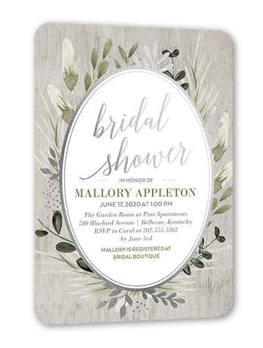 Bountiful Greenery Bridal Shower Invitation, Grey, Silver Foil, 5x7 Flat, Matte, Signature Smooth Cardstock, Rounded