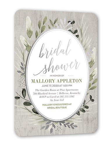 Bountiful Greenery Bridal Shower Invitation, Grey, Silver Foil, 5x7 Flat, Pearl Shimmer Cardstock, Rounded