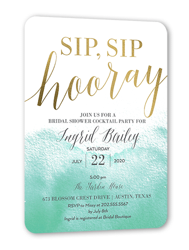 Gleaming Hooray Bridal Shower Invitation, Blue, Gold Foil, 5x7 Flat, Pearl Shimmer Cardstock, Rounded