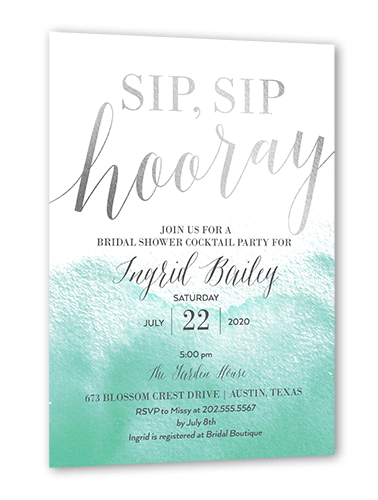 Gleaming Hooray Bridal Shower Invitation, Silver Foil, Blue, 5x7 Flat, Luxe Double-Thick Cardstock, Square