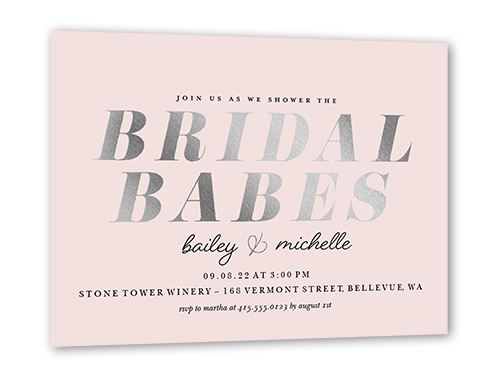 Bridal Babes Bridal Shower Invitation, Pink, Silver Foil, 5x7 Flat, Pearl Shimmer Cardstock, Square