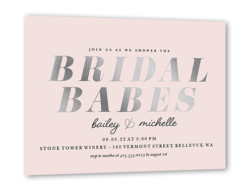 Bridal Babes Bridal Shower Invitation, Pink, Silver Foil, 5x7 Flat, Luxe Double-Thick Cardstock, Square