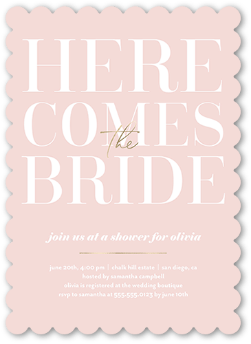 With The Bride Bridal Shower Invitation, Pink, 5x7 Flat, Pearl Shimmer Cardstock, Scallop