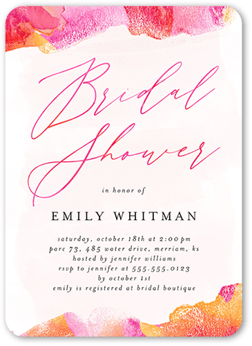 Watercolors And Showers Bridal Shower Invitation, Pink, 5x7, Pearl Shimmer Cardstock, Rounded