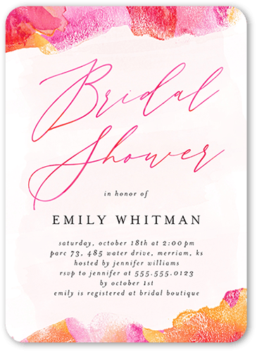 Watercolors And Showers Bridal Shower Invitation, Pink, 5x7 Flat, 100% Recycled Cardstock , Rounded, Hot Pink