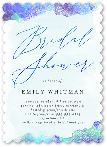 Watercolors And Showers Bridal Shower Invitation, Blue, 5x7 Flat, Pearl Shimmer Cardstock, Scallop